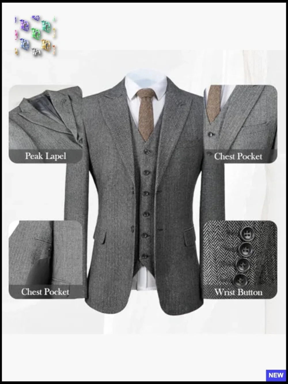 Classic Tweed Herringbone Three Piece Suit Peak Lapel Formal Elegant Wedding
